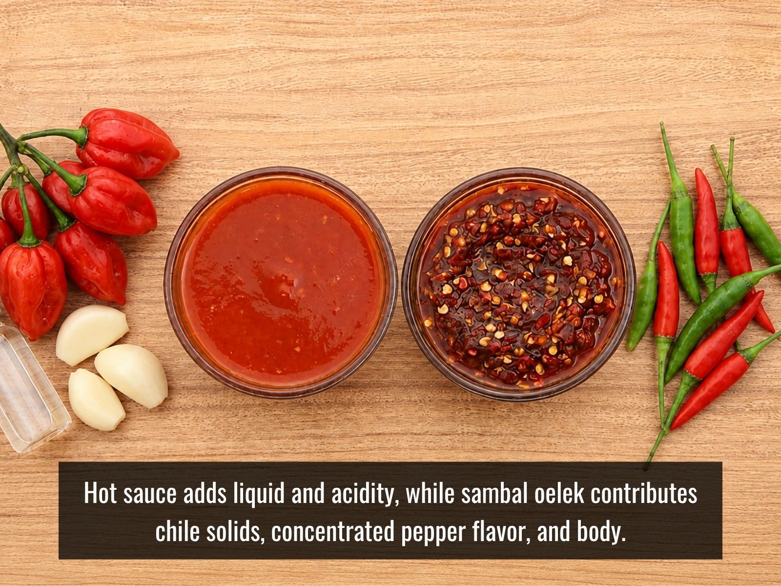 Hot sauce and sambal oelek showing texture and consistency differences