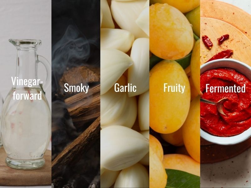 Hot sauce flavor profiles showing vinegar-forward, smoky, garlic, fruity, and fermented styles