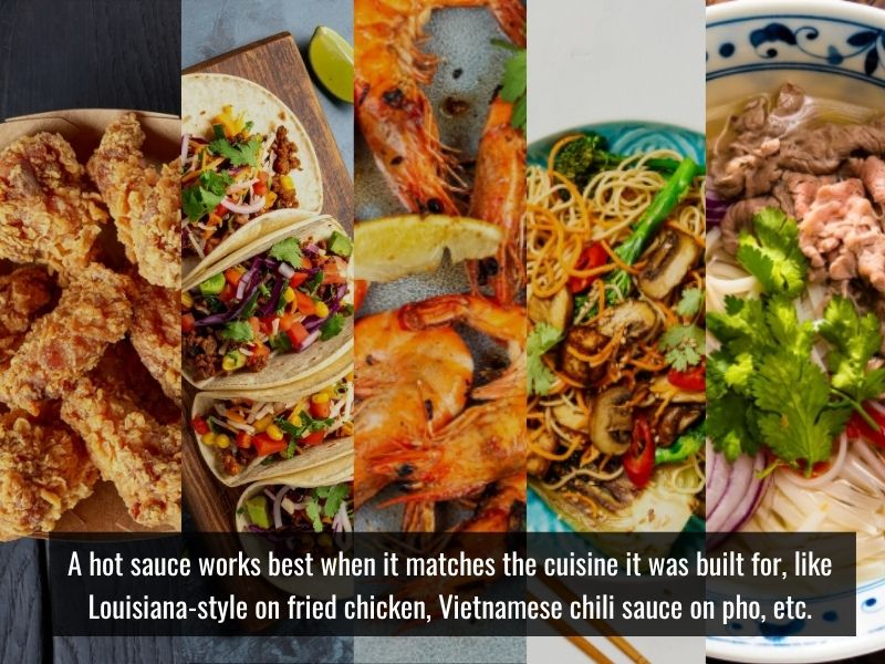 Hot sauce food pairing with fried chicken, tacos, seafood, noodles, and pho