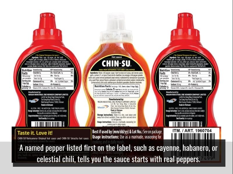 Hot sauce ingredient list on bottle labels showing peppers, vinegar, and garlic