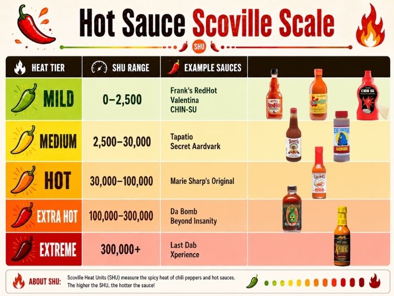 Hot sauce Scoville scale comparing mild to extreme heat levels