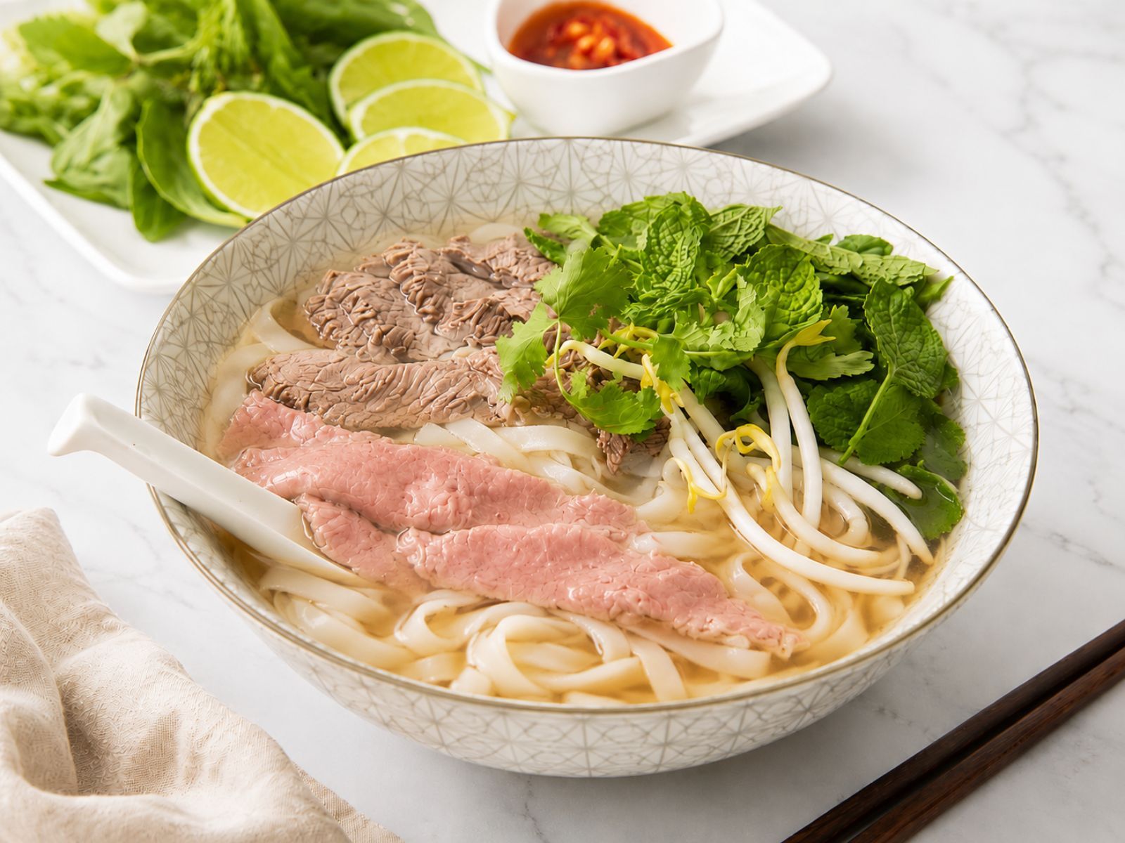 Serving beef pho with condiments