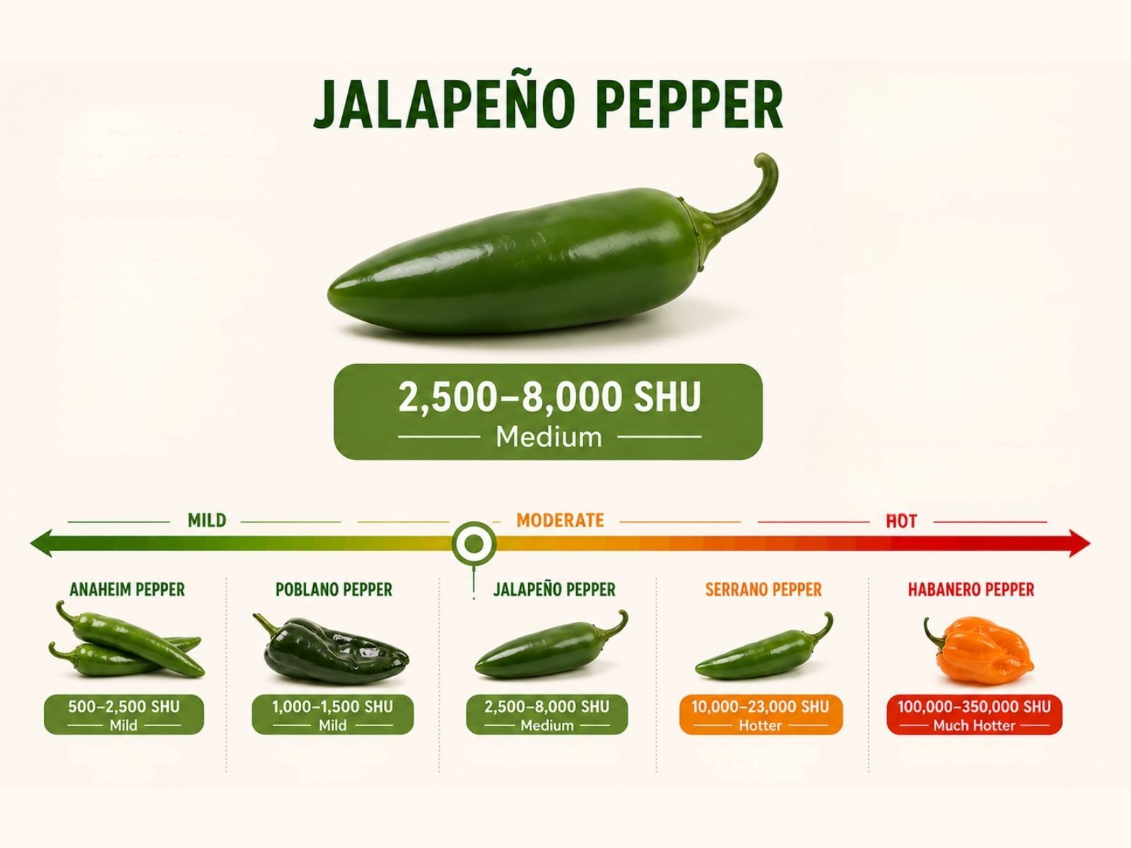 Jalapeño peppers measure 2,500 to 8,000 Scoville Heat Units (SHU)