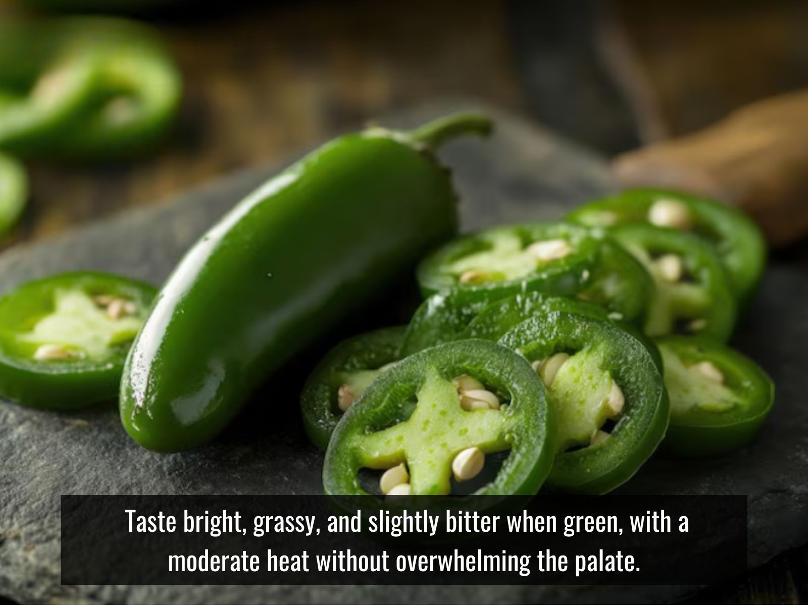 Jalapeño peppers taste bright, grassy, and slightly bitter when green