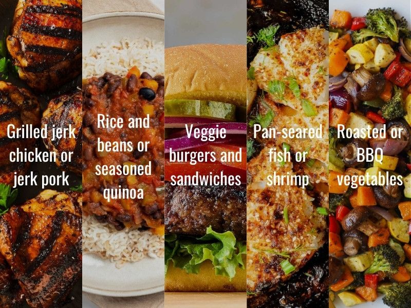 Jamaican hot sauce paired with jerk chicken, fried fish, rice, veggie dishes, and seafood