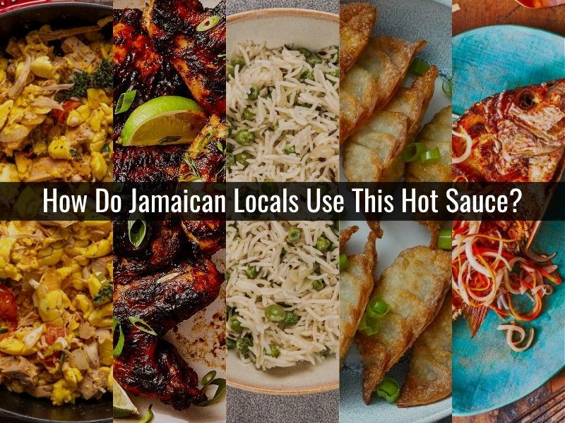 Locals using Jamaican hot sauce on ackee and saltfish, jerk chicken, rice and peas, roti, and stews