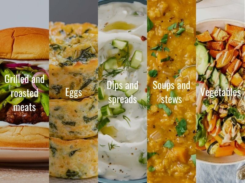Mediterranean hot sauce with grilled meats, eggs, roasted vegetables, and lentil soup