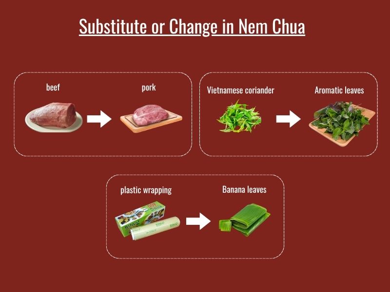 Nem chua ingredient substitutions including pork, beef, herbs, chili, and wrapping options