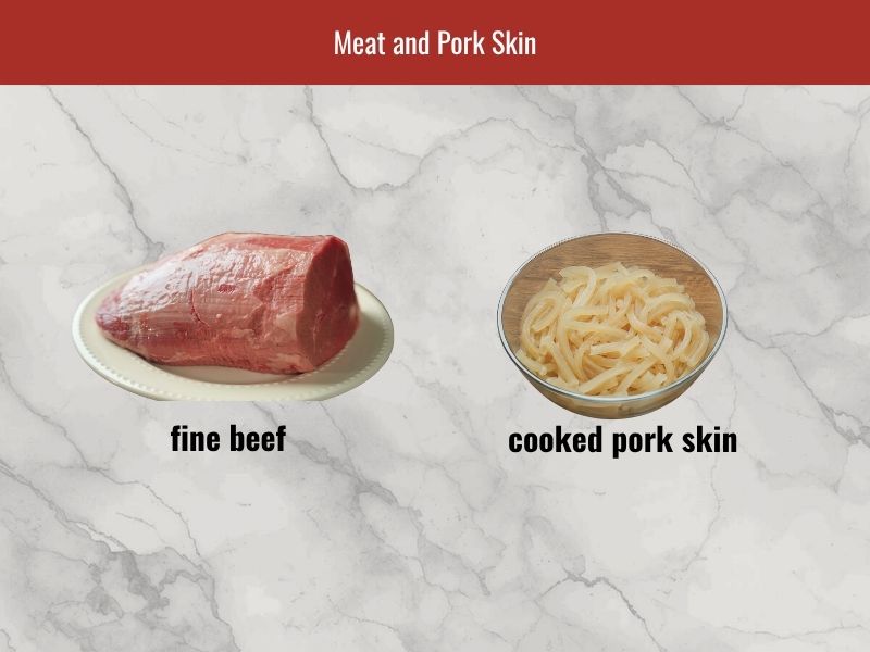 Nem chua ingredients including lean pork or beef, cooked pork skin, and meat preparation components