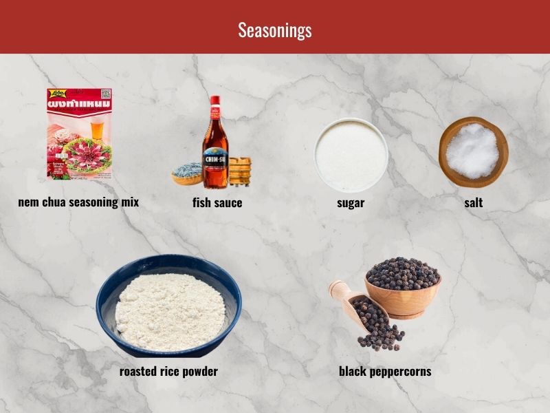 Nem chua seasoning ingredients including fermentation mix, fish sauce, sugar, salt, roasted rice powder, and pepper