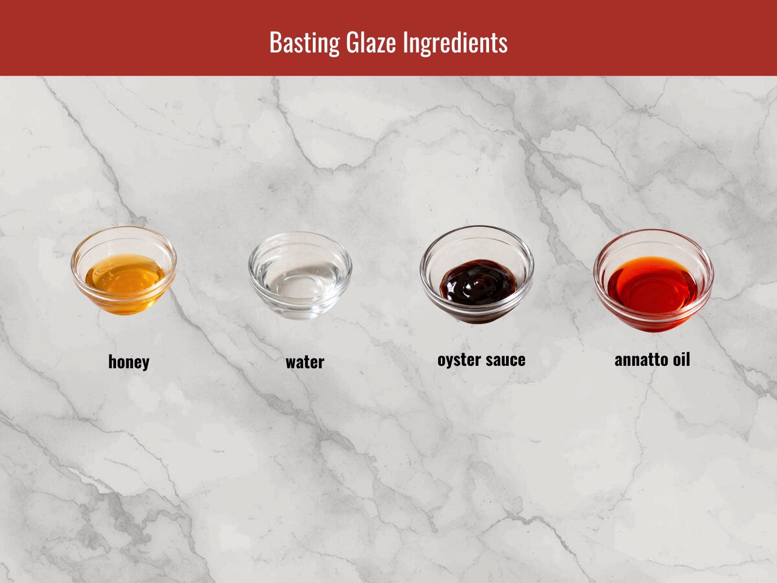 Honey, fish sauce, oyster sauce, and annatto oil for glaze