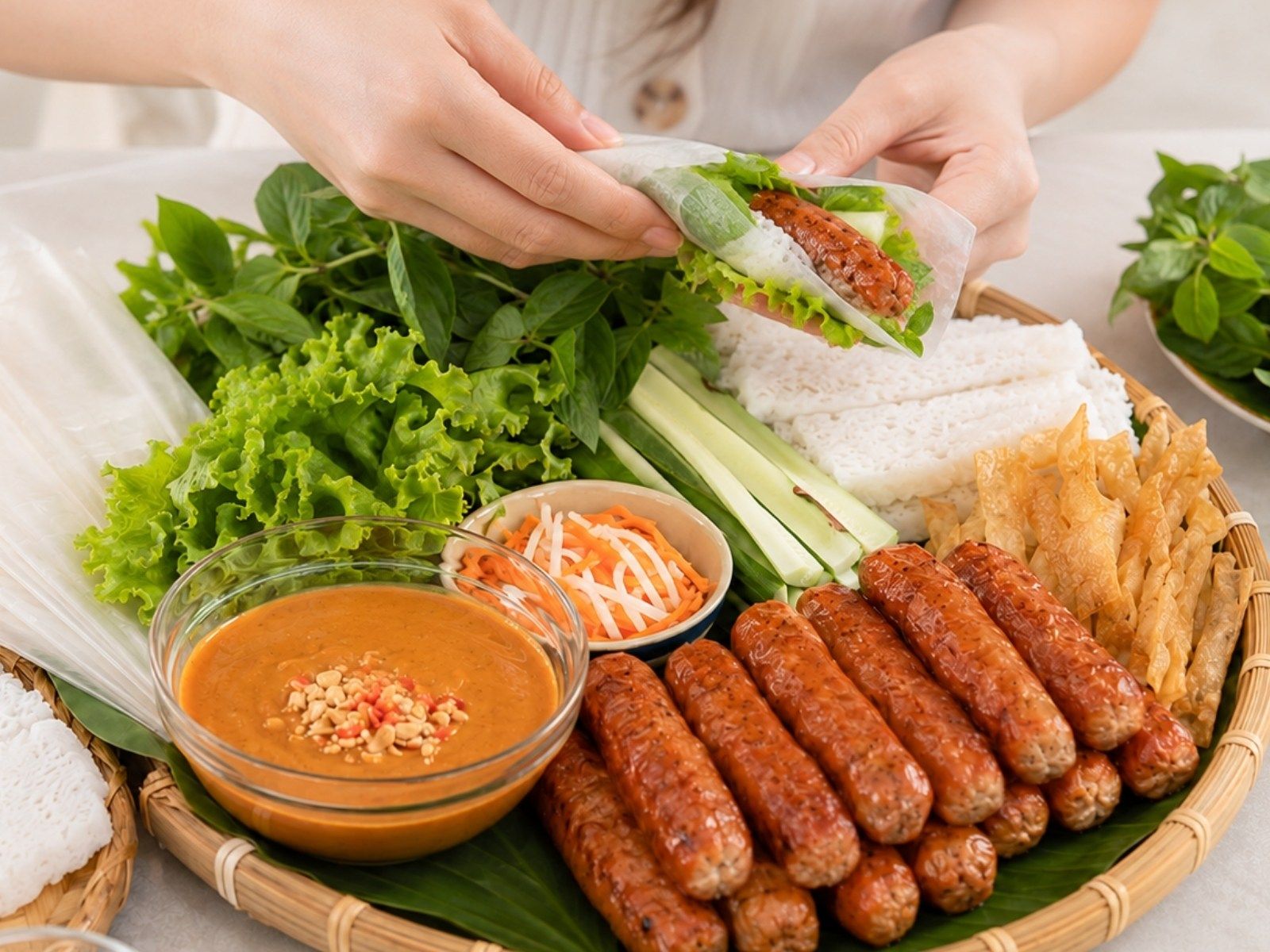 Serve nem nuong with rice paper, herbs, cucumber, pickles, and dipping sauce