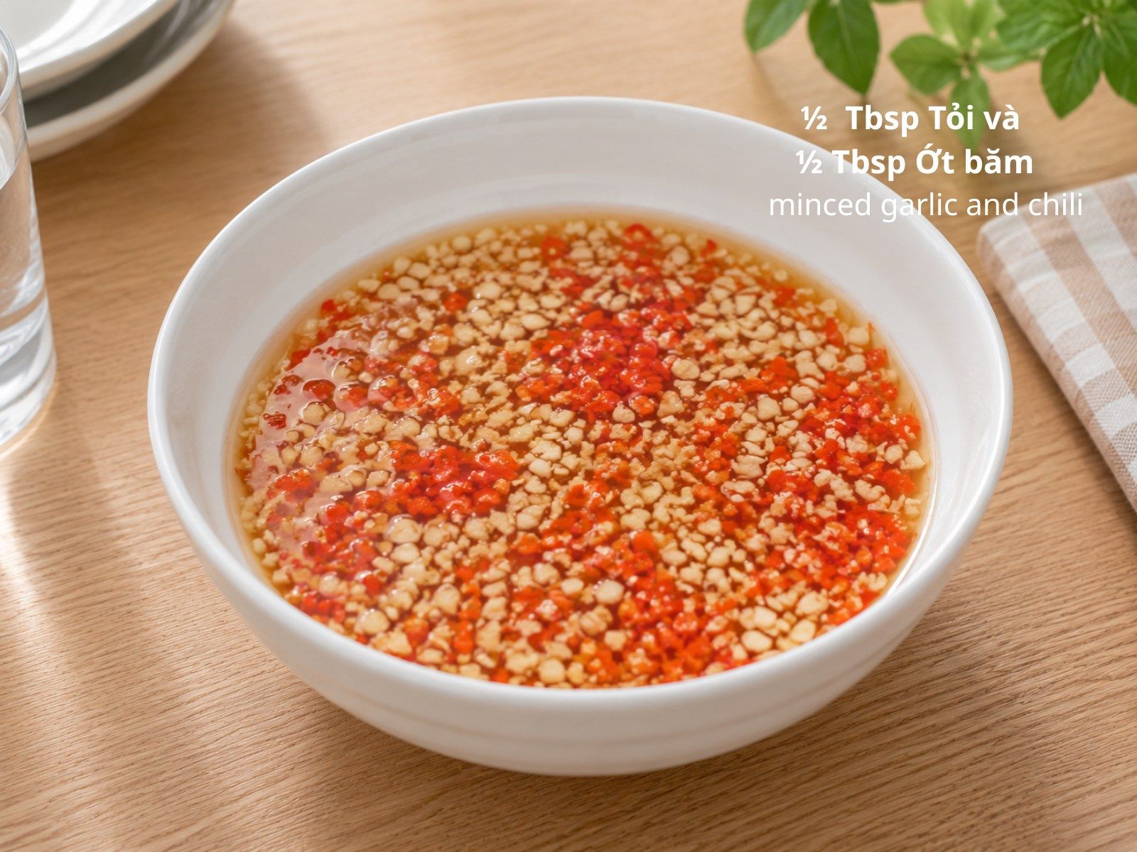Minced garlic and chili added on top of the nuoc cham, floating on the surface