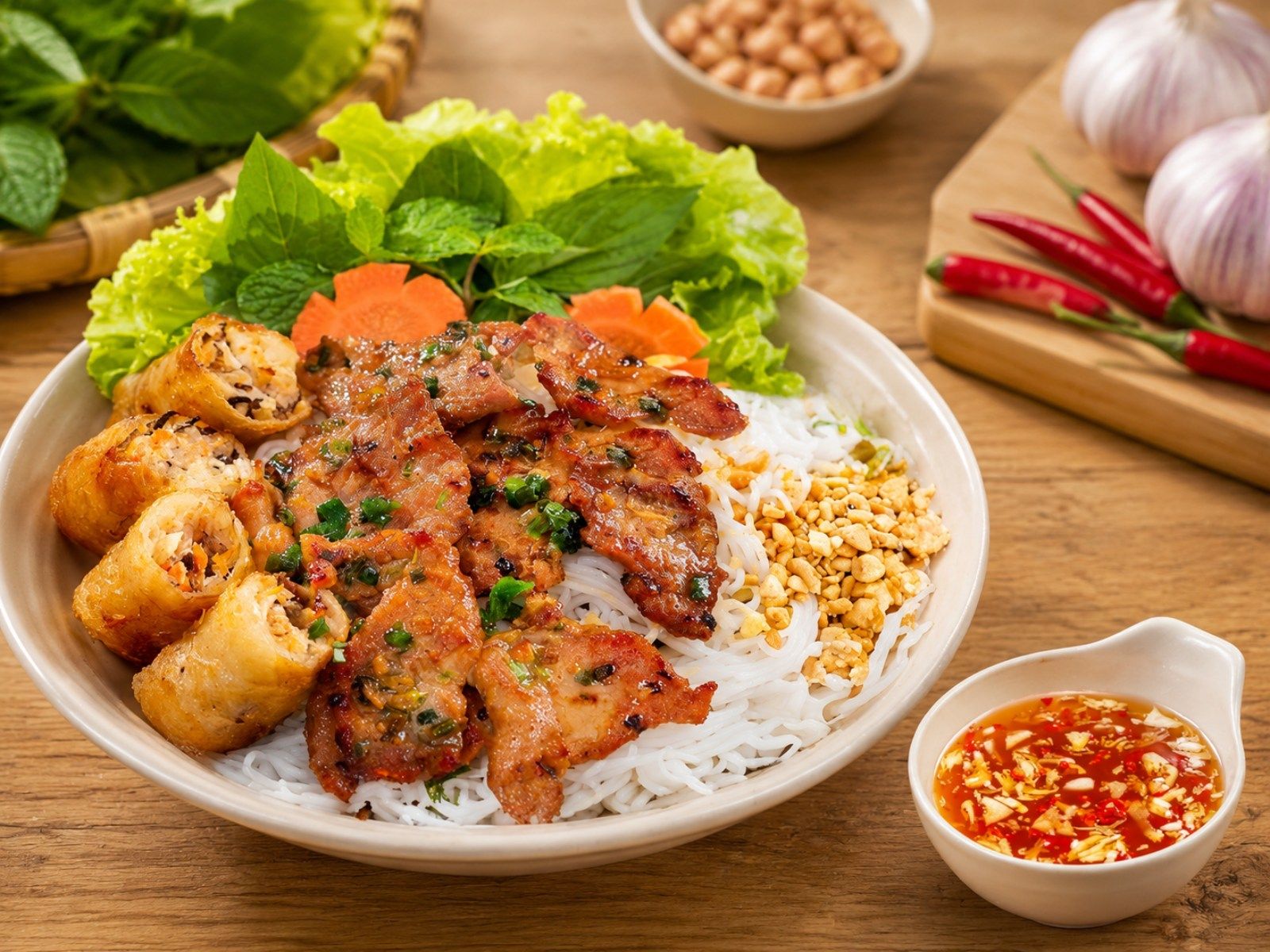 use nuoc cham with grilled pork with rice vermicelli
