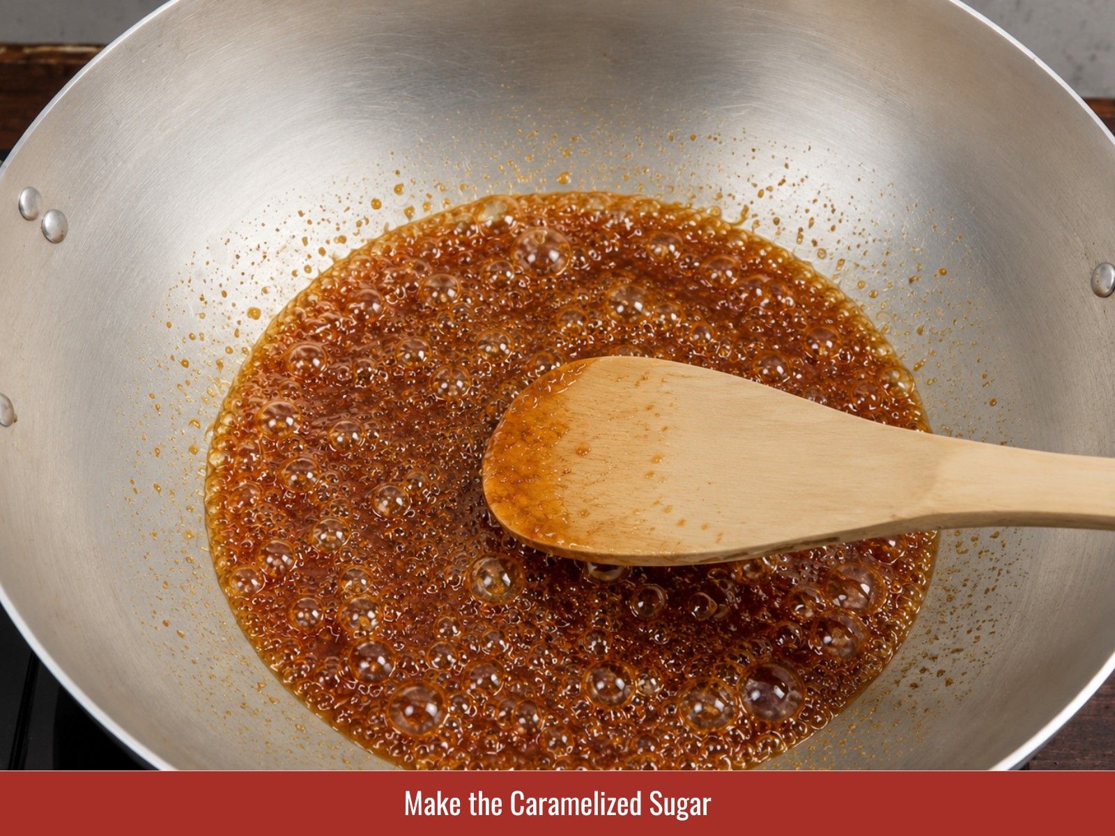 Sugar cooking to deep amber caramel called nuoc hang