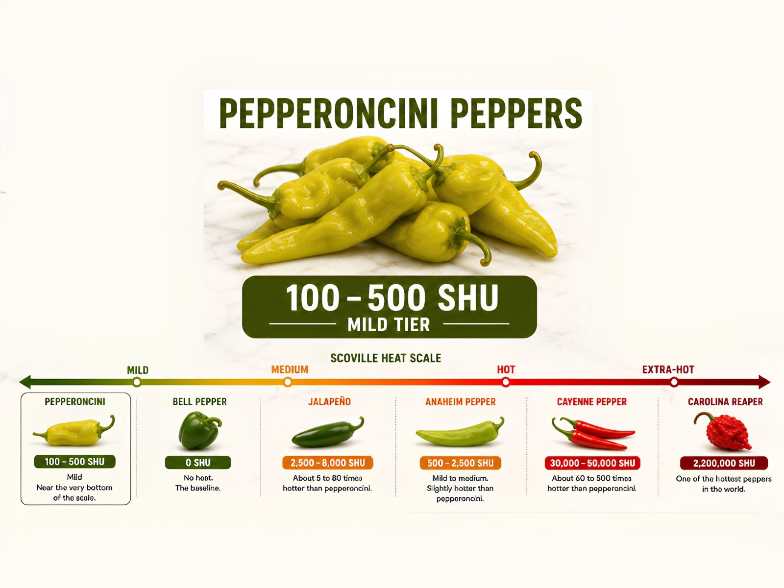 Pepperoncini Scoville heat compared with other peppers