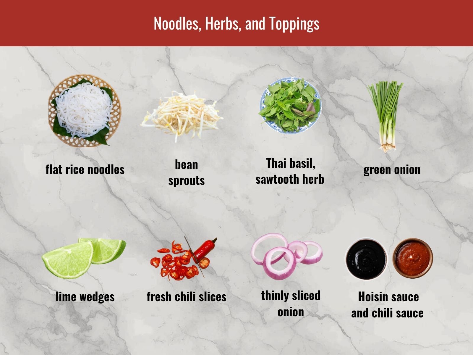 Rice noodles, herbs, and bean sprouts for beef pho