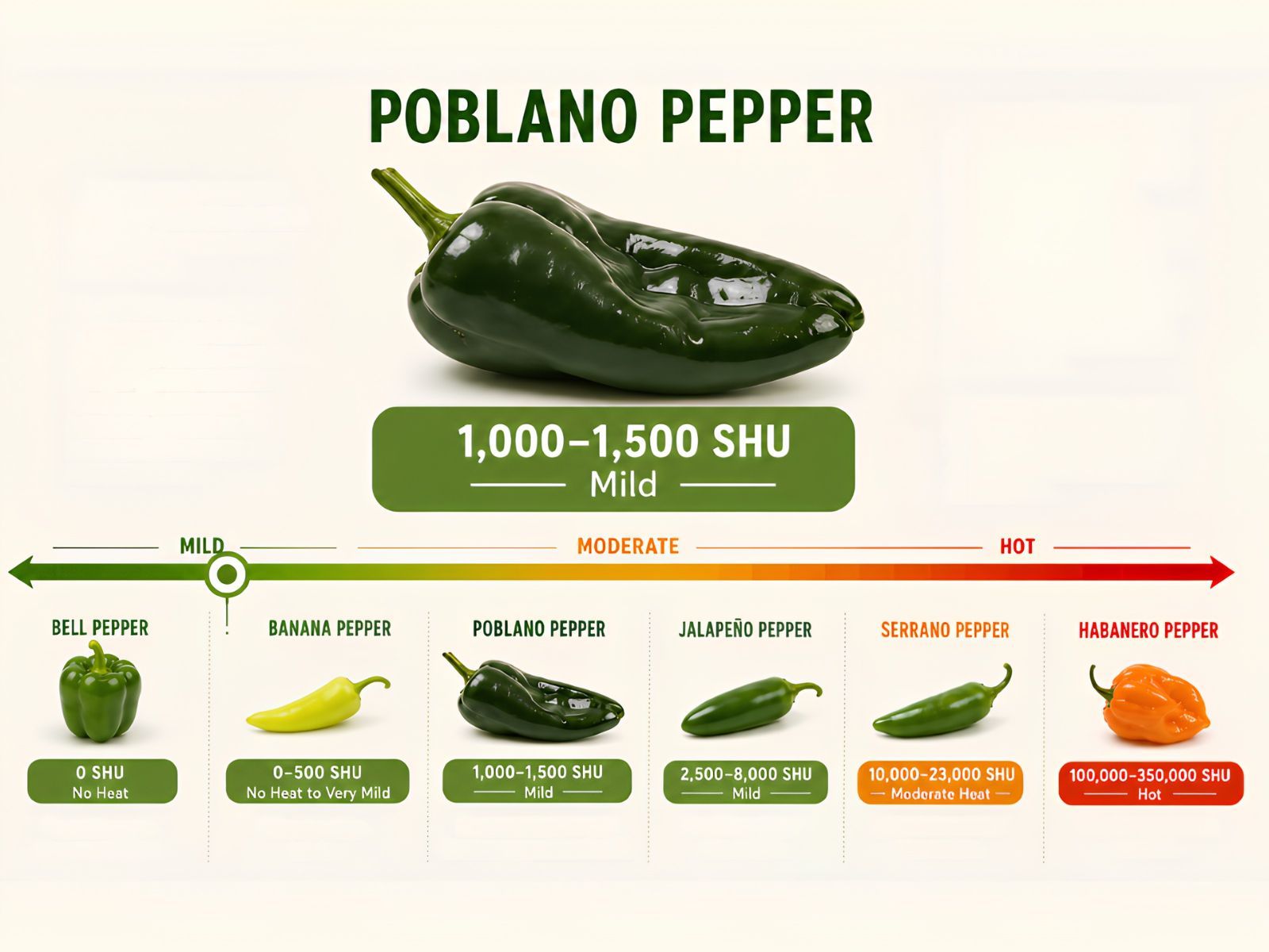 Poblano peppers measure 1,000 to 1,500 Scoville Heat Units (SHU)