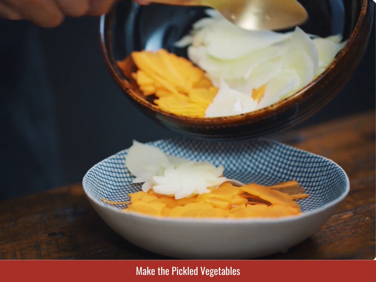 Carrot and green papaya tossed in a vinegar and sugar brine for bun cha pickled vegetables