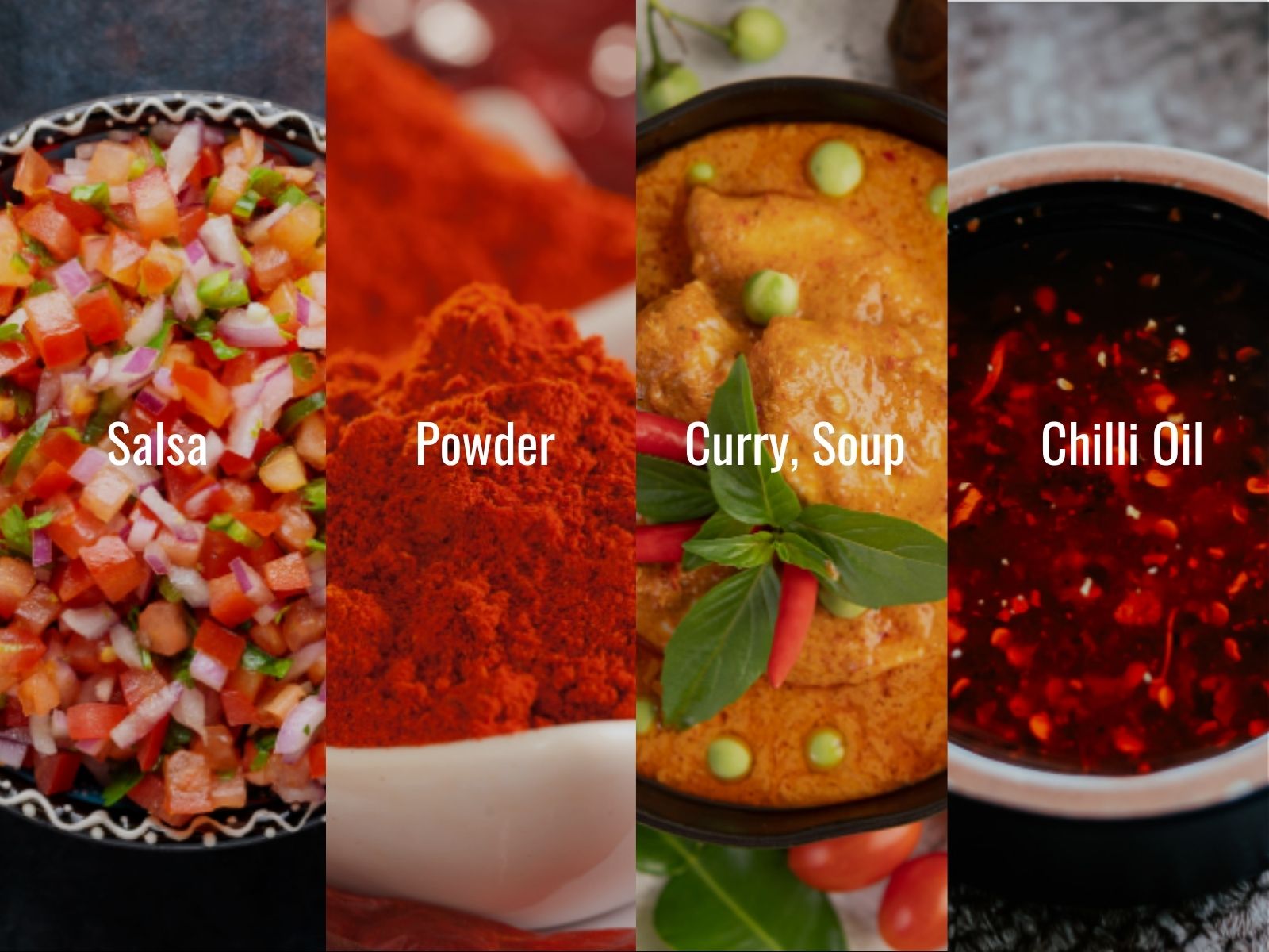 Red chilies in salsas, curries, sauces, oils, and seasonings