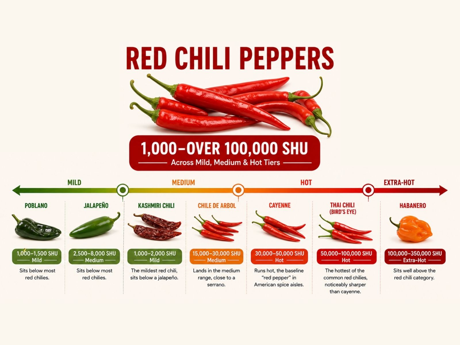 Red chili varieties across different Scoville ranges