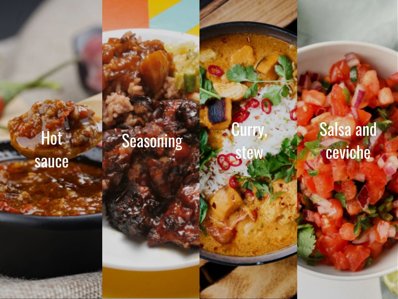 Scotch bonnets in jerk, sauces, curries, stews, and salsas