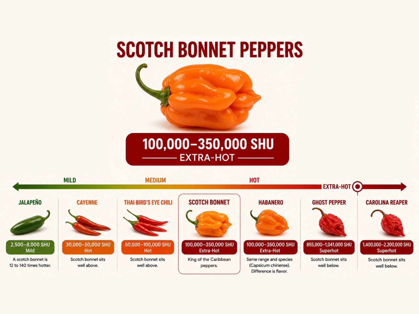 Scotch bonnet Scoville heat compared with other peppers