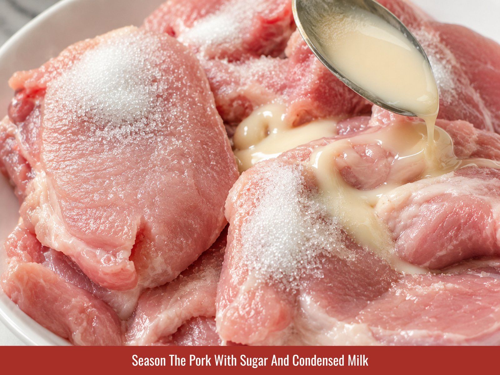 Coating pork chops with sugar and milk for com tam