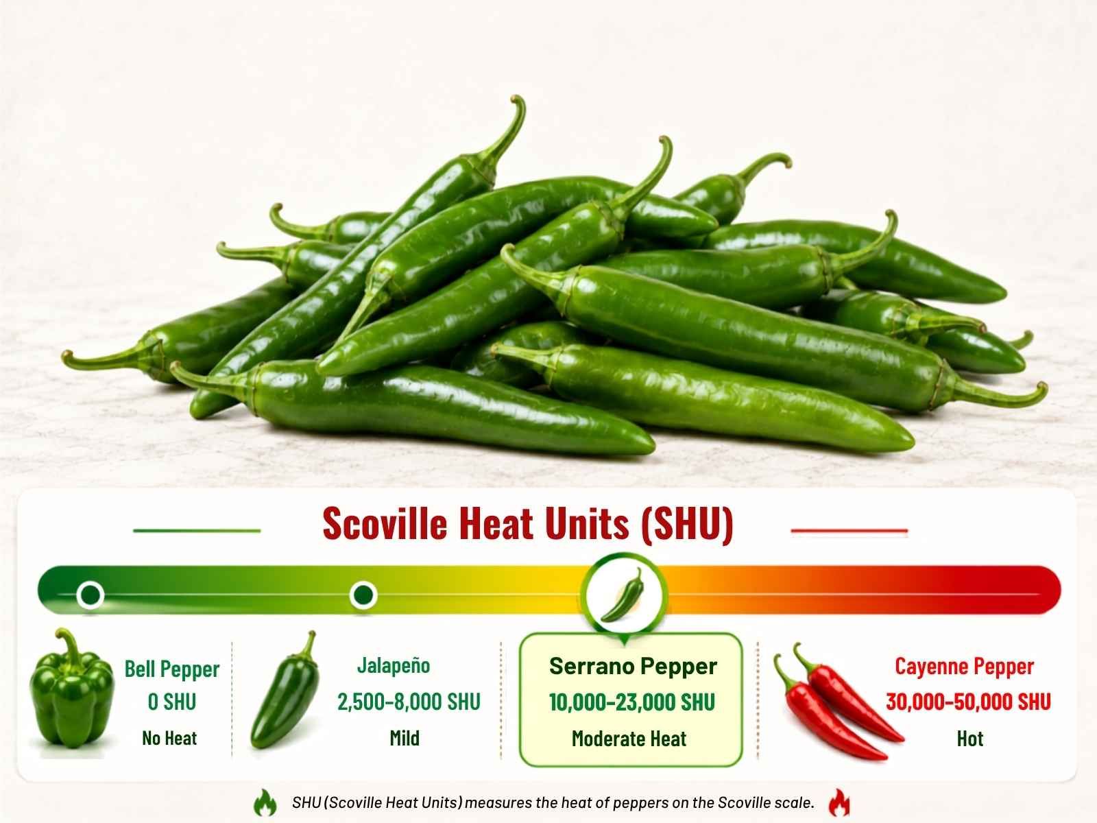 Serrano peppers measure 10,000 to 23,000 Scoville Heat Units (SHU)