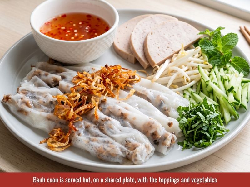 Serving banh cuon with Vietnamese pork sausage, fried shallots, herbs, vegetables, and nuoc cham