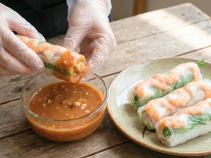 Serving goi cuon with peanut dipping sauce, fresh herbs, vegetables, and Vietnamese rice paper rolls