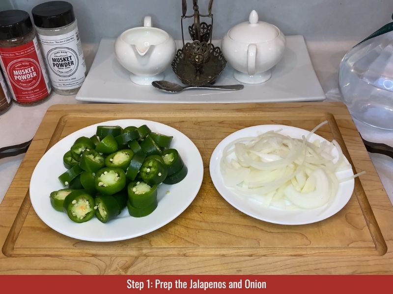 Slice jalapeños into thick rounds and onion into strips, keeping them separate for even cooking.