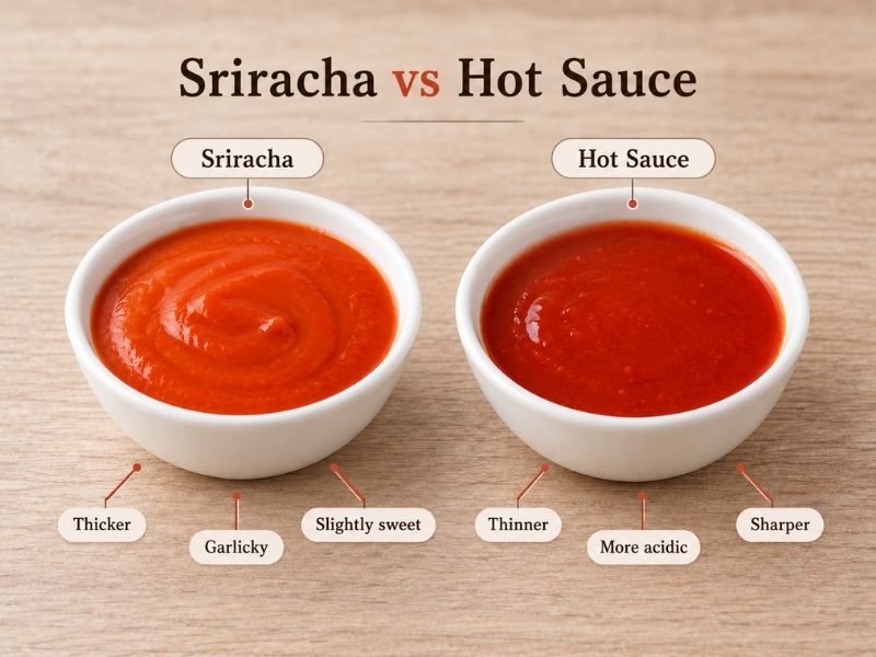 Sriracha and vinegar-forward hot sauce compared by ingredients, sweetness, acidity, and texture