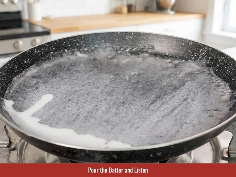 Pouring thin banh uot batter into a heated skillet and spreading it evenly