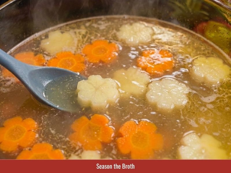 Seasoning Vietnamese macaroni soup broth with fish sauce, bouillon, salt, and MSG