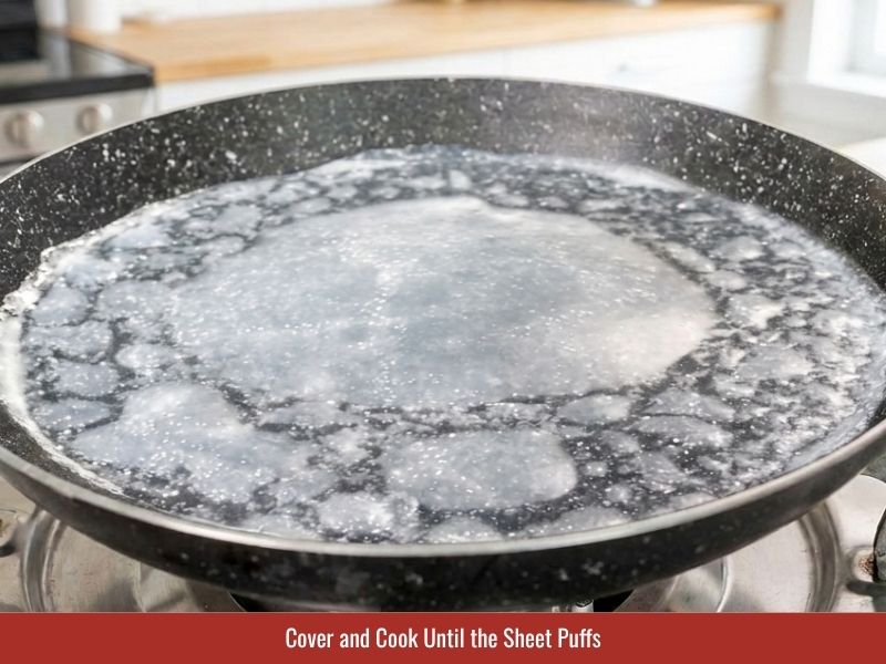 Covering the skillet while the rice sheet cooks until translucent and slightly puffs