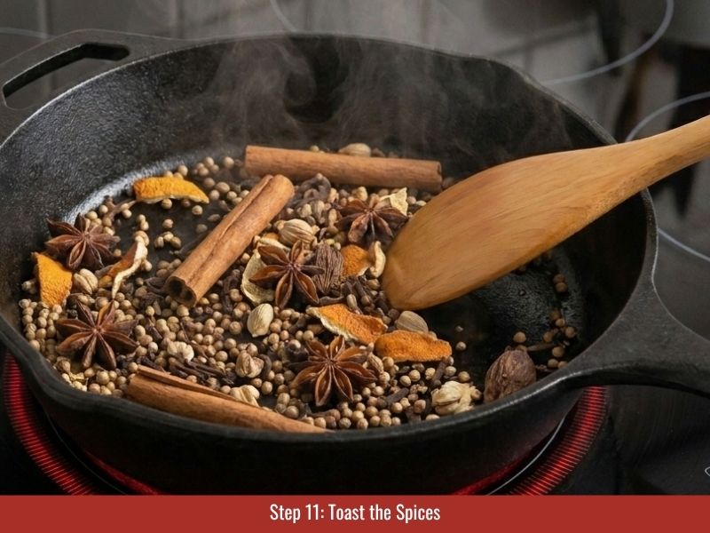 Toasting cinnamon, star anise, cardamom, coriander seeds, and spices for chicken pho