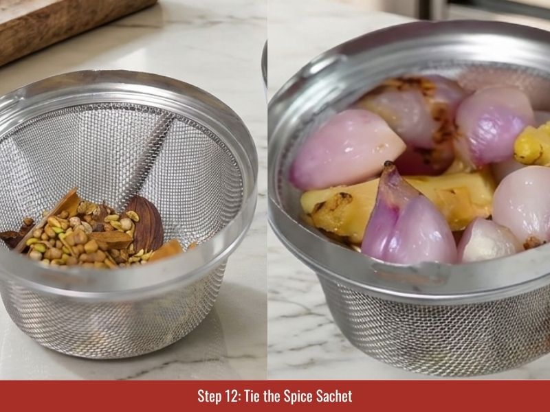 Preparing a Vietnamese pho spice sachet with toasted spices, ginger, shallots, lime peel, and herbs