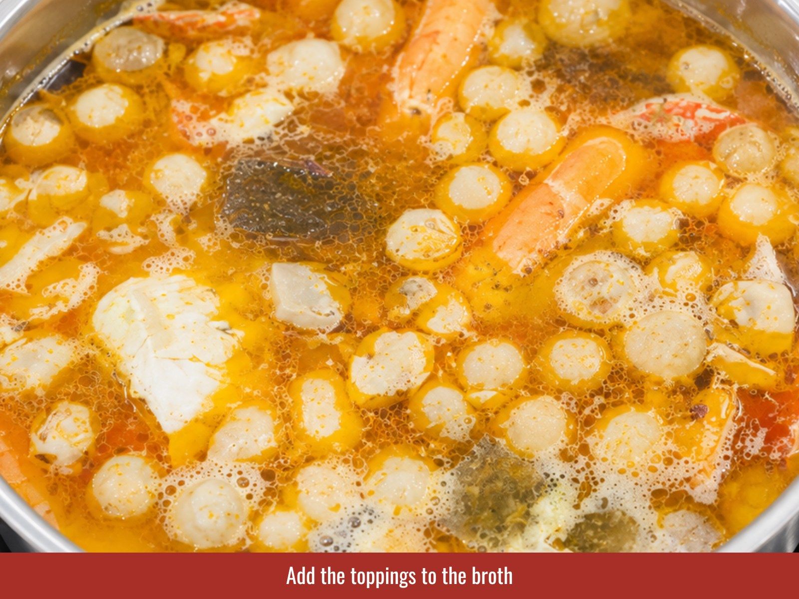 Add crab, shrimp, quail eggs, pork skin, blood cake, and mushrooms to broth