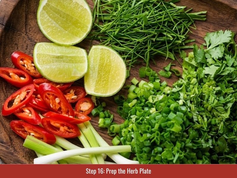 Preparing green onion, sliced onion, herbs, lime leaves, and pho toppings