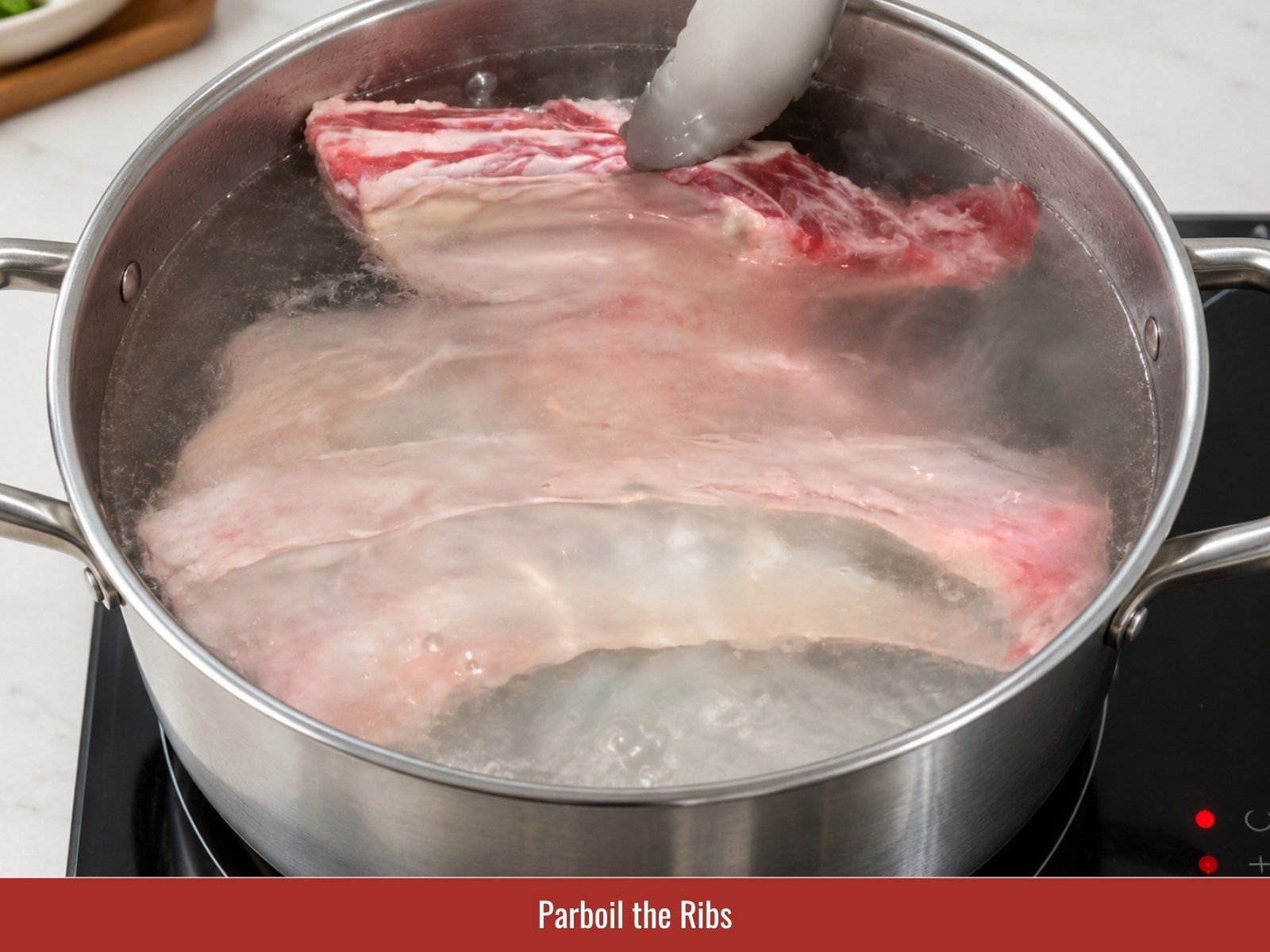 Parboil beef ribs to remove impurities