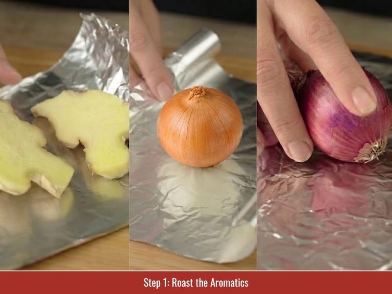 Roasting ginger, shallots, and onions to create a deeper aromatic base for bun bo Hue broth
