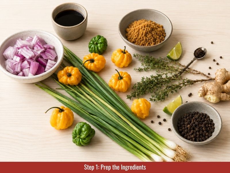 Prep scotch bonnet, onion, garlic, ginger, pimento, thyme, and other ingredients
