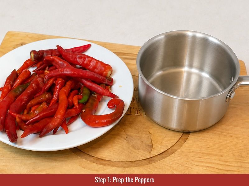 Prep cayenne peppers for hot sauce