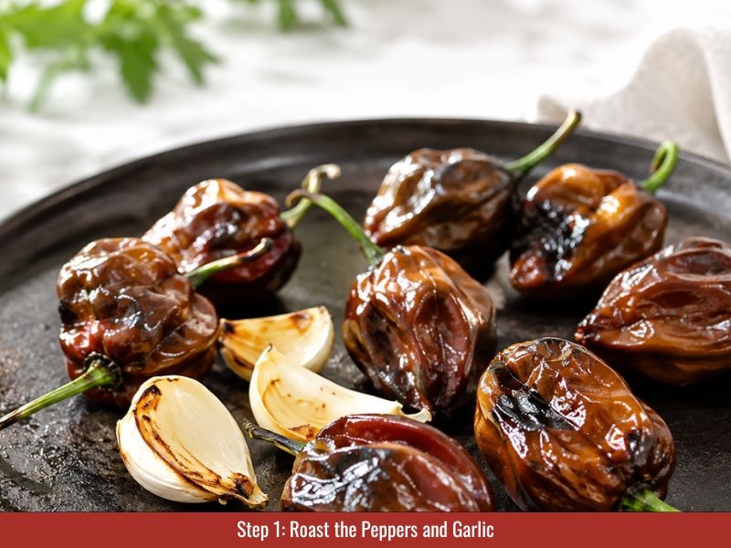 Roast chocolate habanero peppers and garlic