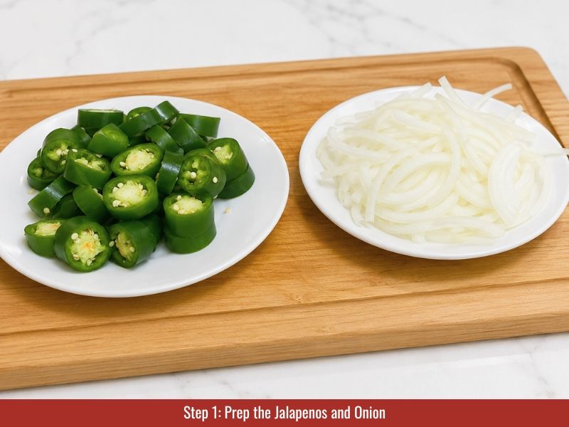 Fresh jalapeños and yellow onion prepared for cooking