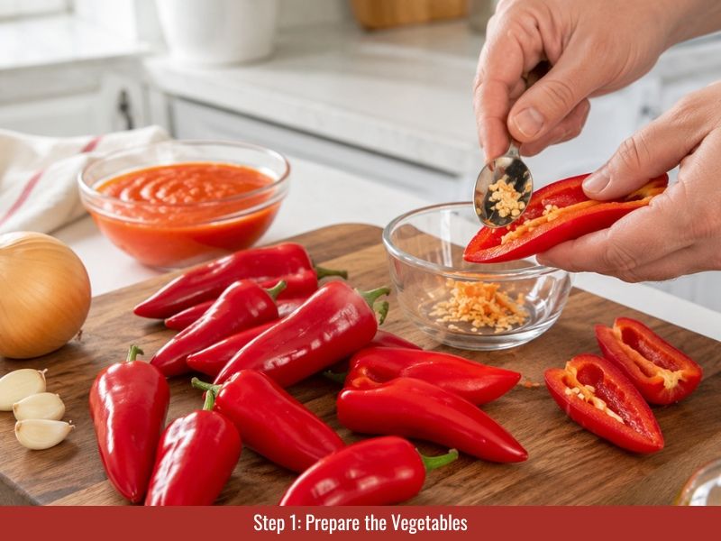 Prepare Fresno peppers, red bell pepper, garlic, and onion