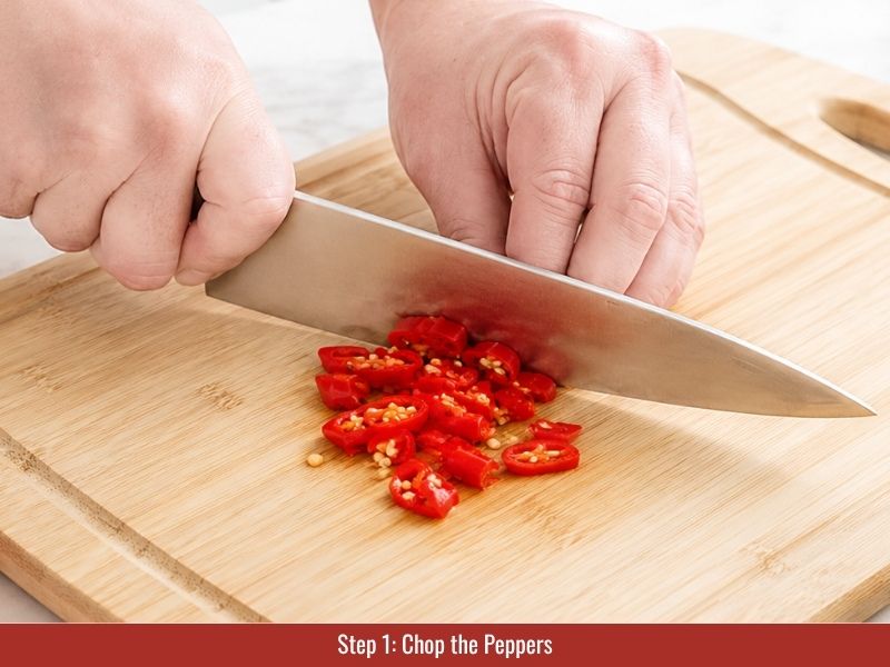 Chop red chili peppers and combine with vinegar and salt