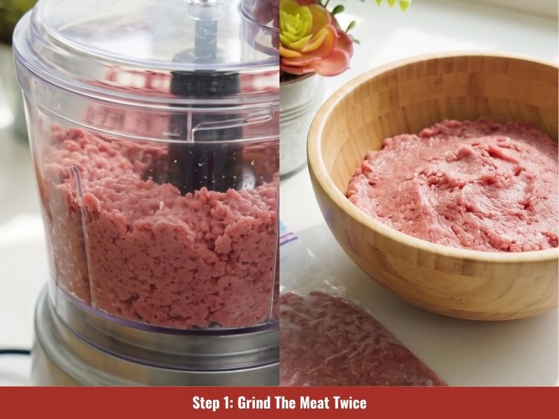 Grinding lean meat twice to create a smooth texture for Vietnamese nem chua