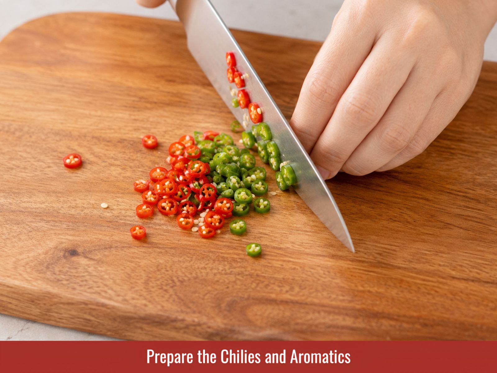 Chopping bird's eye chilies and slicing garlic and shallots